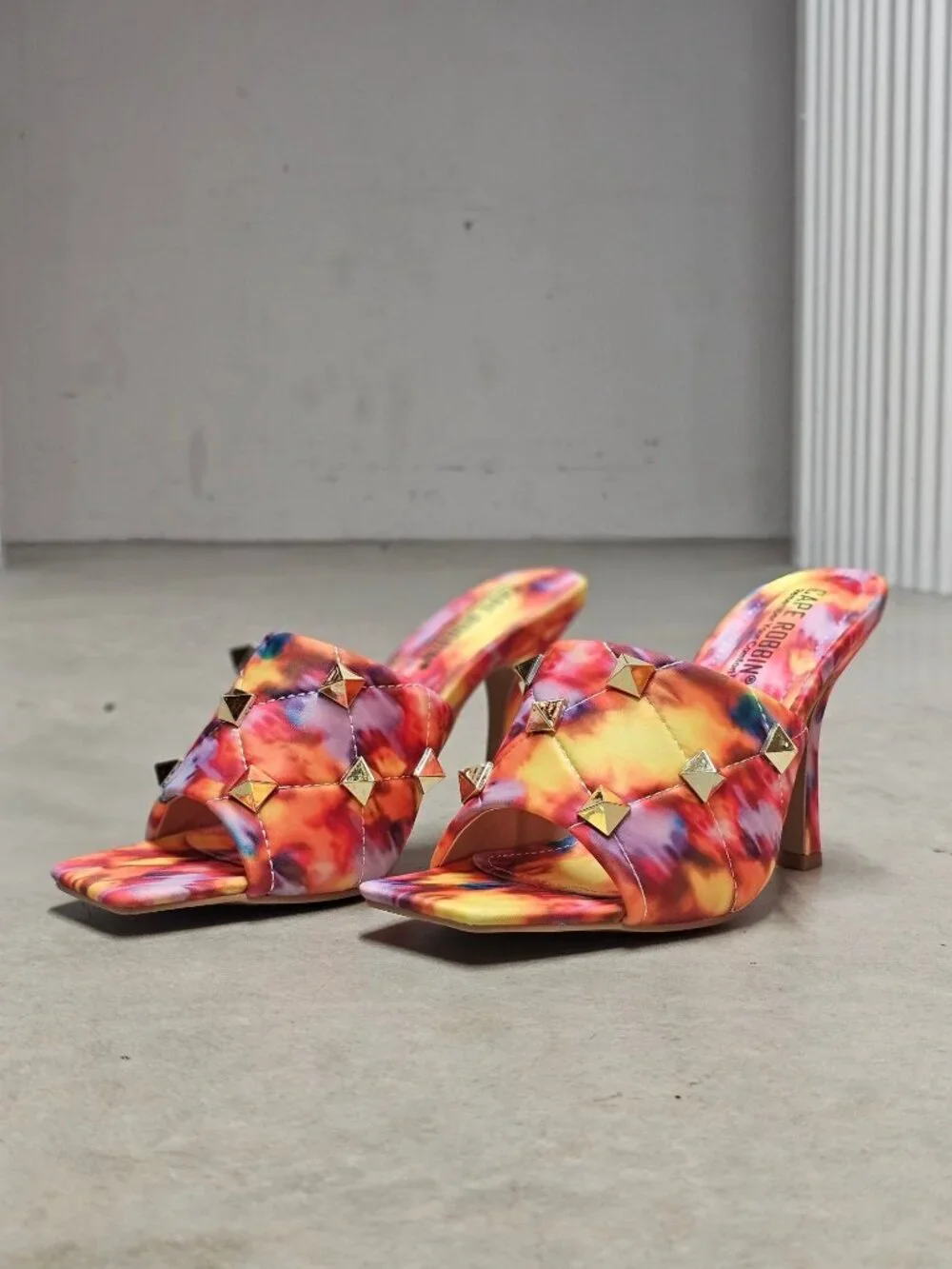 Colorful Tie-Dye Studded High Heel Mules With Quilted Detail & Open Toe Design F